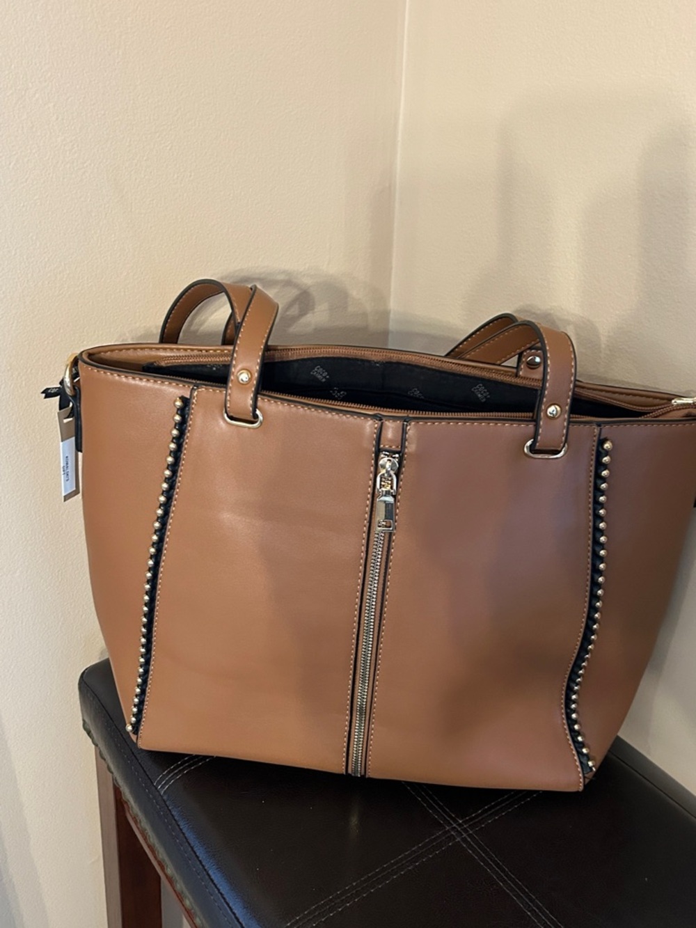 Coco + Carmen Brown Tote with Center Zip and Stud Trim